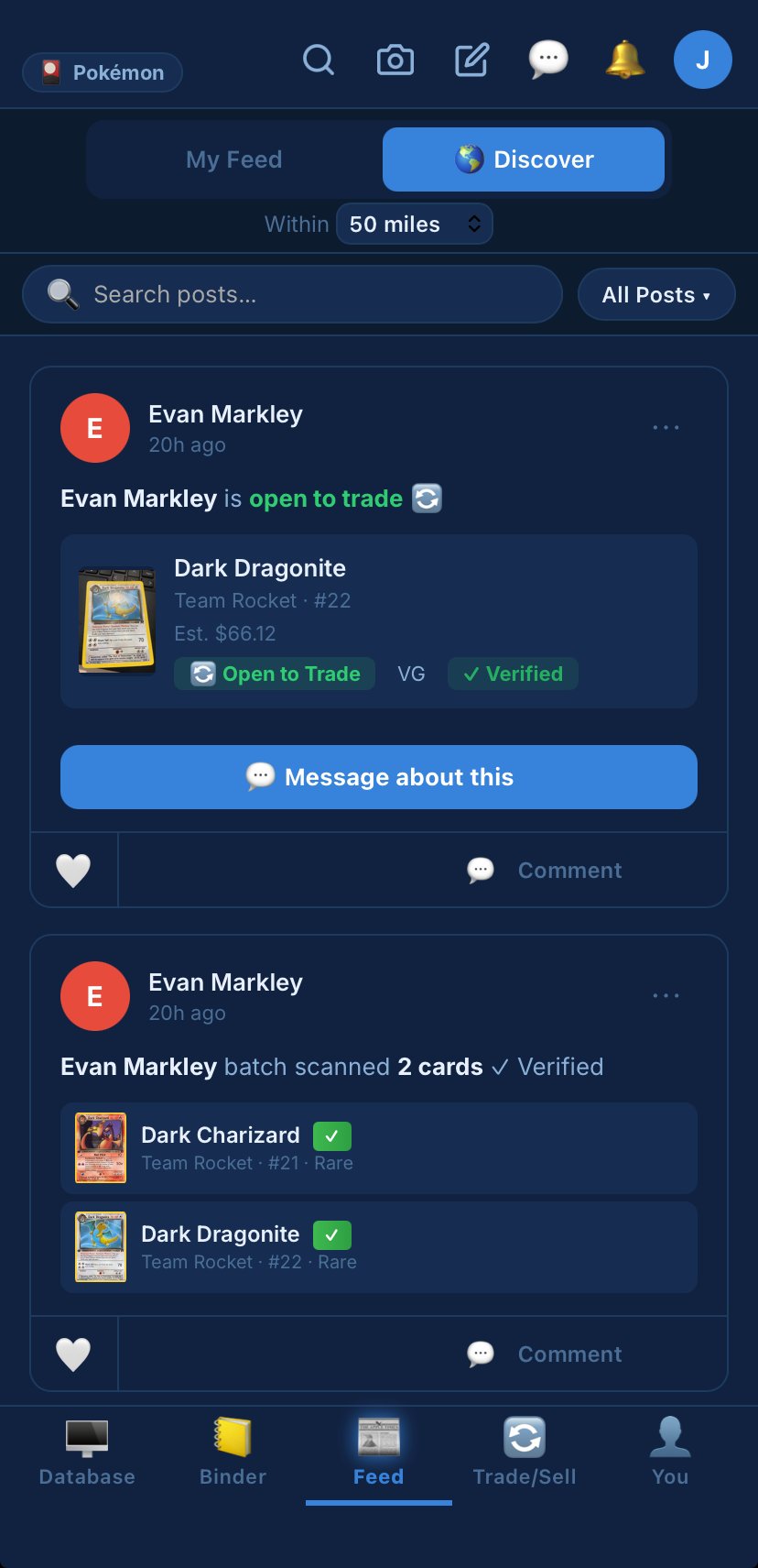 Binde social feed showing trade posts and verified card scans from collectors