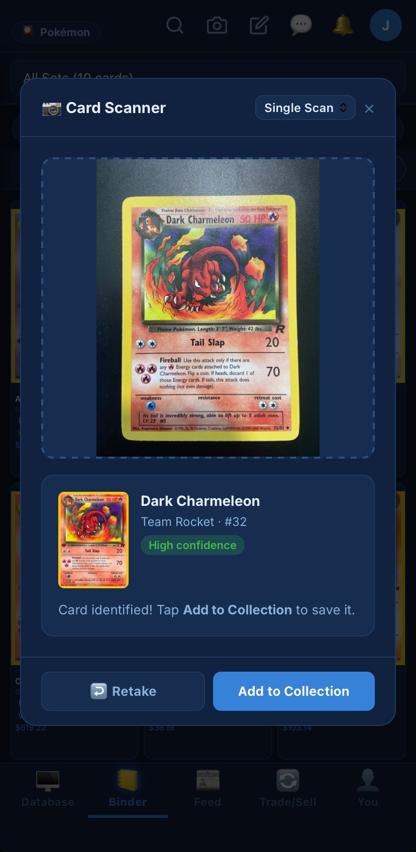 Binde card scanner identifying a Dark Charmeleon card