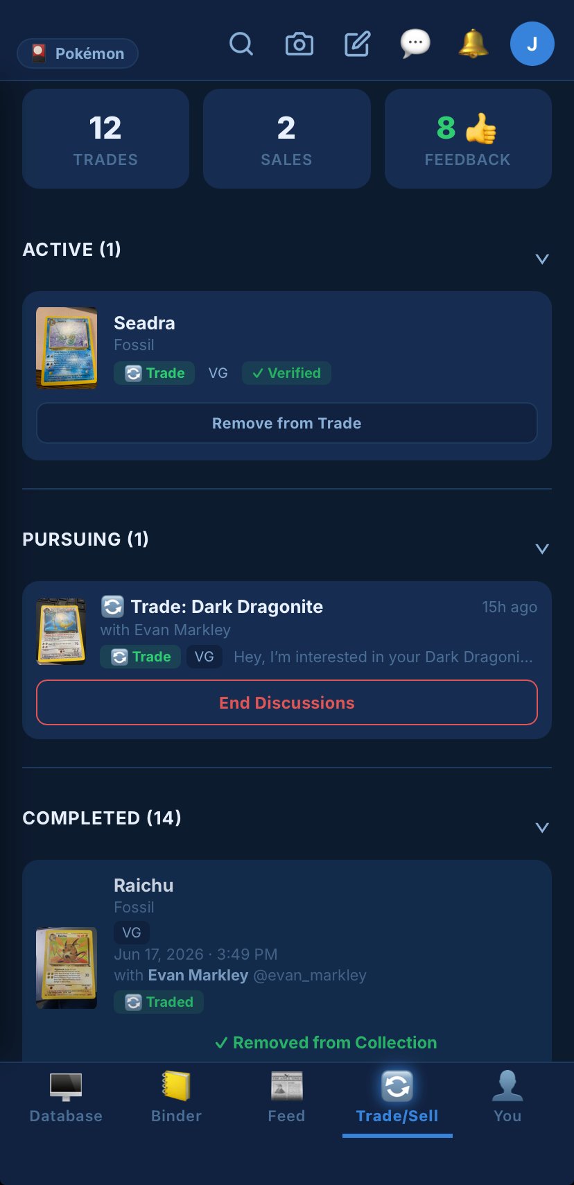 Binde Trade and Sell activity showing active trades and feedback